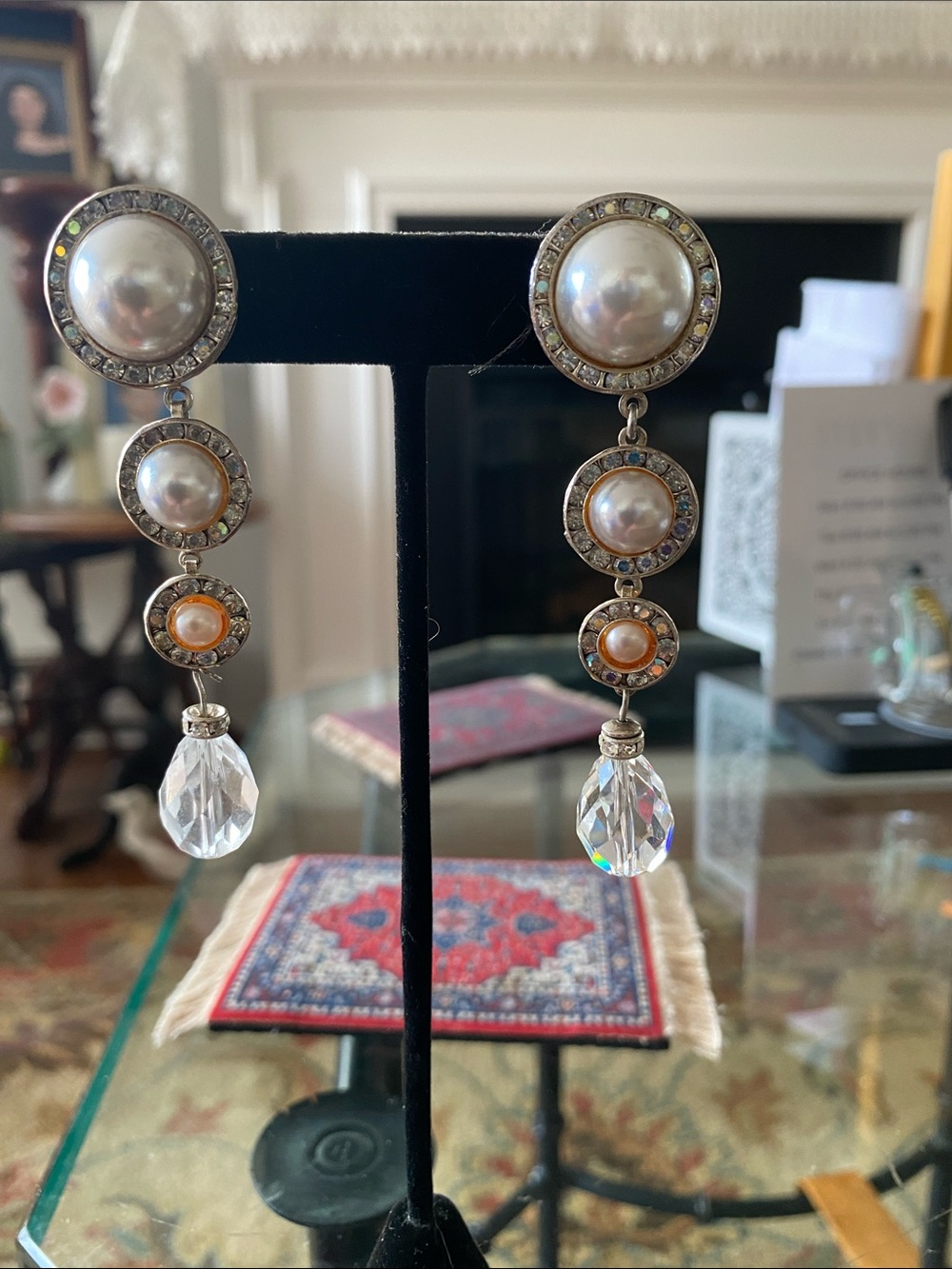 Elegant Pearl & Crystal Drop Earrings - White Pearls with Gold Accents
